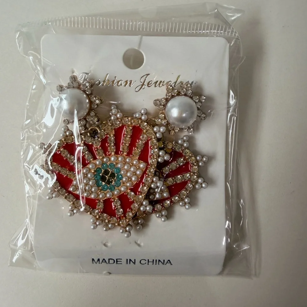 Red Gold Eye Heart Earrings Pearl Beaded Statement Romantic Maximalist